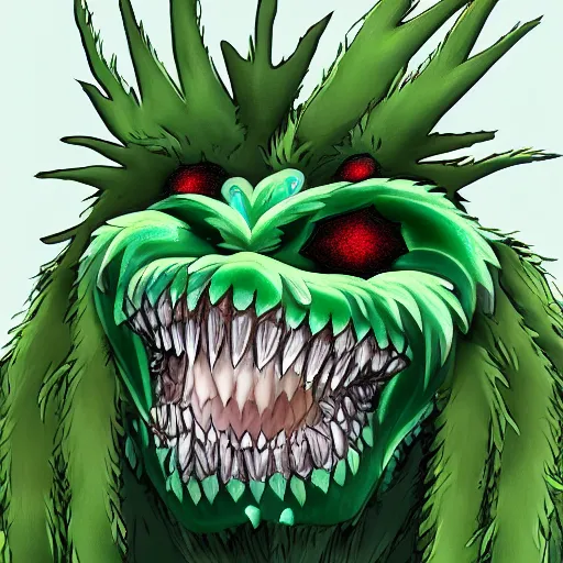 Prompt: Plant monster with toothed jaws and amber teeth, green thistle fur, anime visual, trending on art station