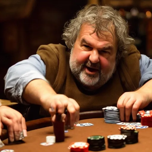 Prompt: Peter Jackson playing poker in a saloon, shotguns