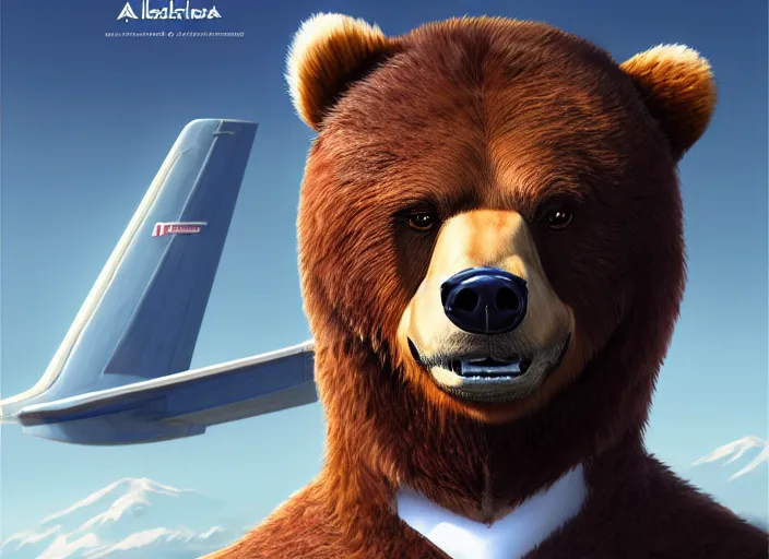 Image similar to character portrait feature of the anthro male anthropomorphic kamchatka brown bear fursona wearing white airline pilot outfit uniform professional pilot for delta airlines character design stylized by charlie bowater, ross tran, artgerm, and makoto shinkai, detailed, soft lighting, rendered in octane