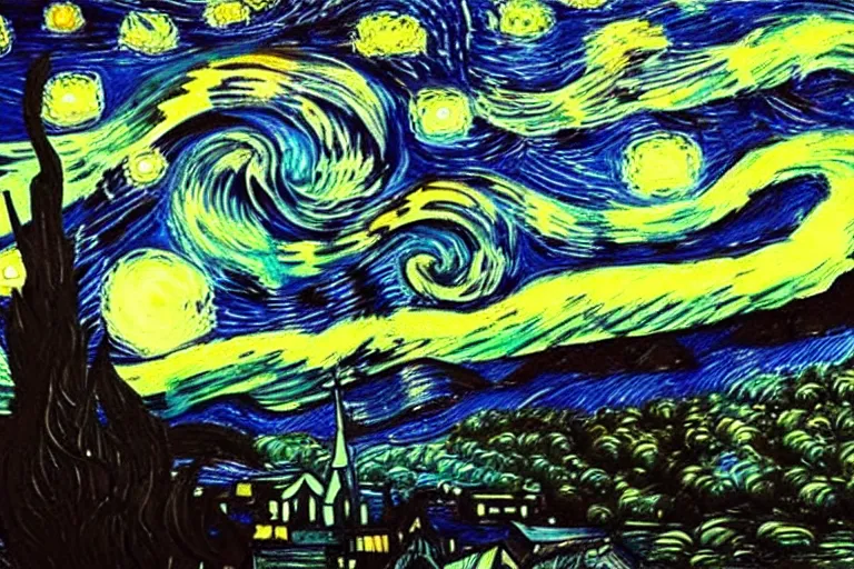 Image similar to man is seeing old god cthulhu terrifying the night sky of a city, epic scene oil painting hyper - detailed realistic dark - art painted by van gogh