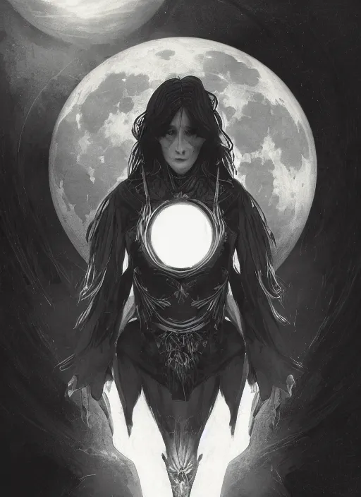 Prompt: at the top of the composition is a symmetrical centered portrait of Anna Millerstone as a Dark evil witch, big moon in the background, at the bottom of the composition is grey space, dramatic lighting, book cover illustration by Greg rutkowski, yoji shinkawa, 4k, digital art, concept art, trending on artstation, golden silver elements, empty grey space at the top, flower elements