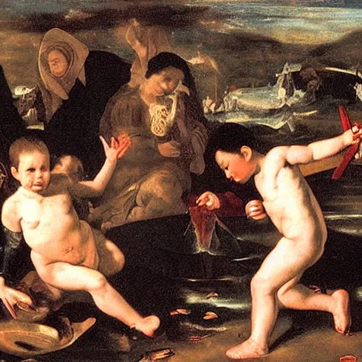 Prompt: The blood-dimmed tide is loosed and everywhere the ceremony of innocence is drowned, painted by Diego Velazquez