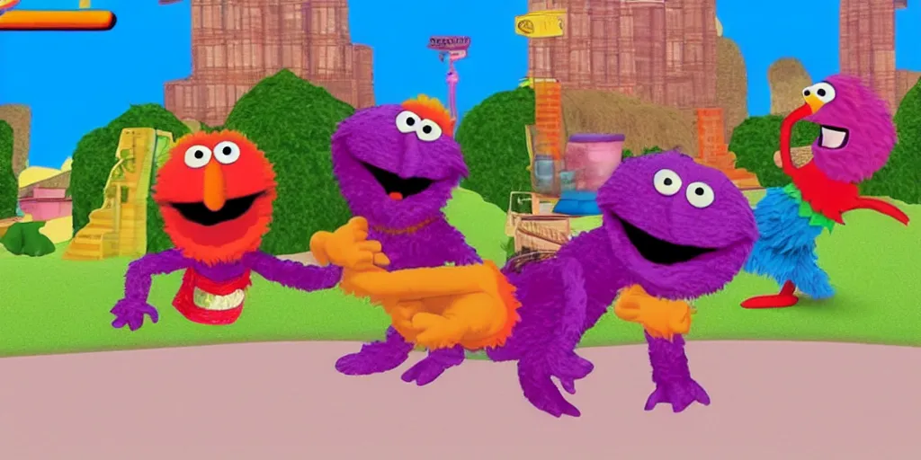 Image similar to Screenshot from “Barney vs Sesame Street” for the PS2