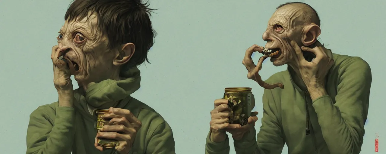 Image similar to duotone olive illustration 3 / 4 portrait of gollum drinking yerba mate from metal cup symmetrical composition accidental renaissance golden ratio. by sachin teng and sergey kolesov and ruan jia and heng z. graffiti art, scifi, fantasy, hyper detailed. octane render. concept art. trending on artstation