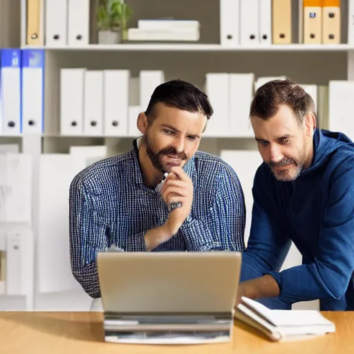 Image similar to two men sitting in the office in front of laptop, high details, art station,