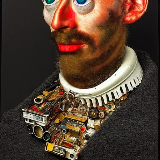 Image similar to portrait photo of a man made from computer parts, Perfect face, extremely high details, realistic, by Giuseppe Arcimboldo, Edward Hopper, Rene Margitte