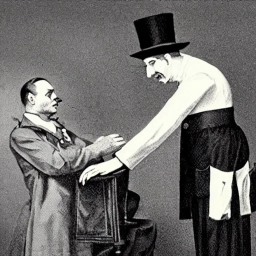 Prompt: a photograph of a doctor diagnosing a terrified patient. The patient is dressed in a suit and tophat with a monocle and union jack flag