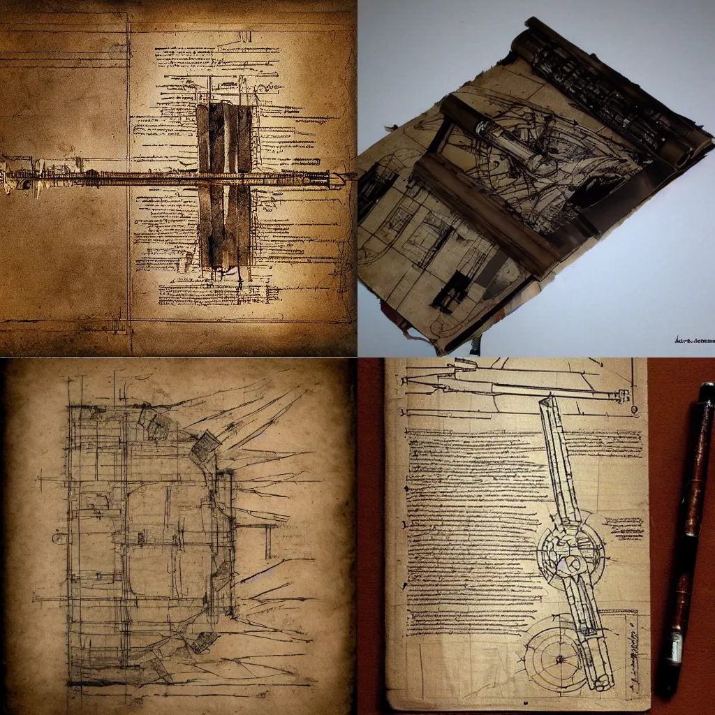 Prompt: a ripped Da Vinci notebook page with a schematics for a lightsaber