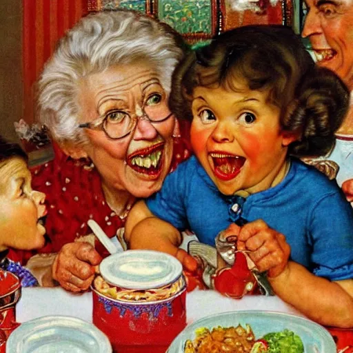 Image similar to hyper realistic hight detailed grandmother with a big mouth eating babies on the table in the russian kitchen, style by norman rockwell, bright colors, 4 k, 1 6 k, 3 2 k