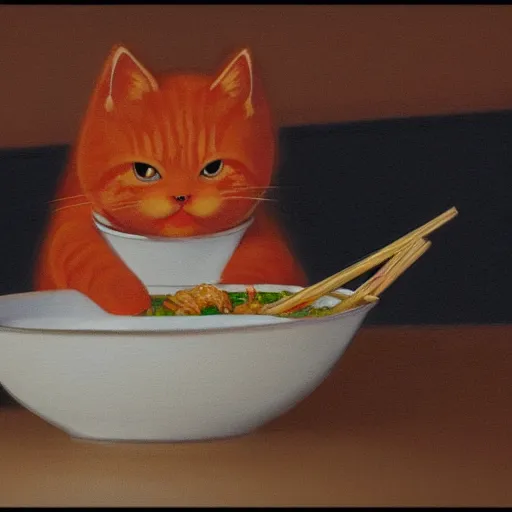 Prompt: Fat, cute orange cat in a suit eating ramen, busy restaurant, close up, ukyio-e, painting by Koson Ohara, details, 4K, 8K