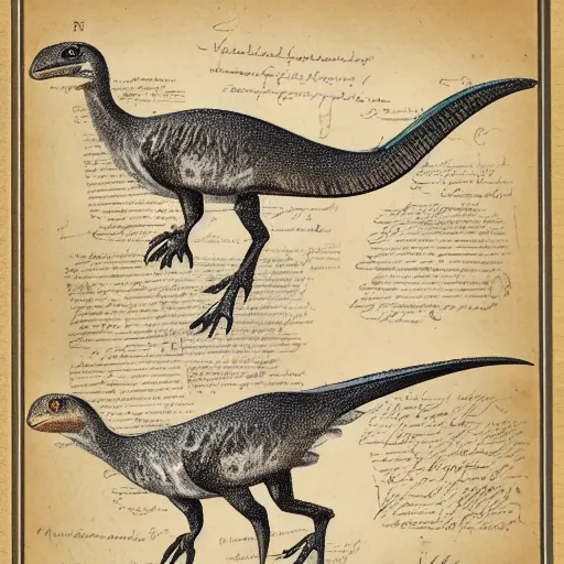 Prompt: vintage parchment with a sketch of a feathered dinosaur with full descriptions, 8K, HD, highly detailed, high quality