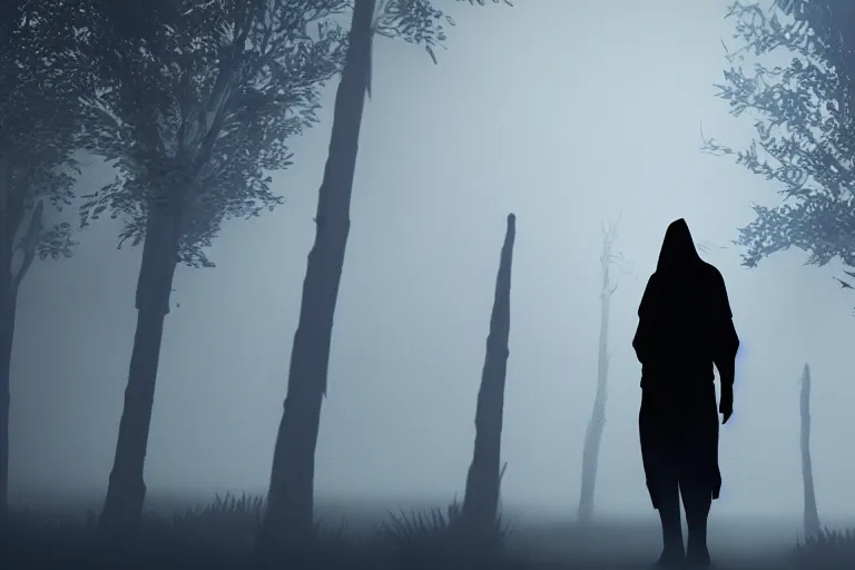 Image similar to a terrifying silhouette shrouded in fog, dramatic lighting, unreal engine, cgsociety, artstation, 4k