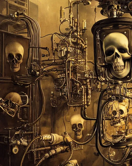 Image similar to beautiful strange detailed painting 8k resolution A steampunk skull with tubes wires and Dieselpunk scene by Paul Delvaux rendered in octane 8k