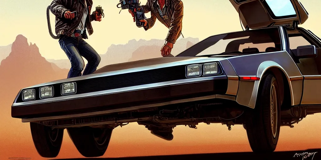 Prompt: the terminator and marty mcfly drive the delorean to the wild west, highly detailed, digital painting, artstation, concept art, matte, sharp focus, illustration, art by artgerm and greg rutkowski and alphonse mucha