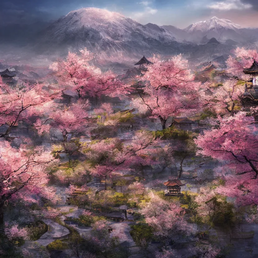 Image similar to old empty samurai city surrounded by sakura trees, beautiful valley and mountains with forest, sunrise matte painting, digital art, artistation