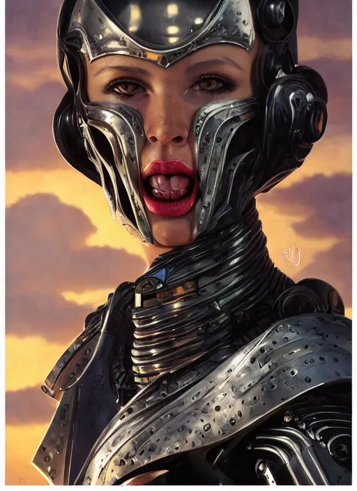 Prompt: symmetry! closeup portrait of a biblical diabolical hunter model girl, cyborg armor, in clouds, cinematic studio light! windy, venom, sunset, by gerald brom, by mikhail vrubel, by peter elson, high contrast, muted colors, extreme detail, mirrors! trending on artstation, 8 k
