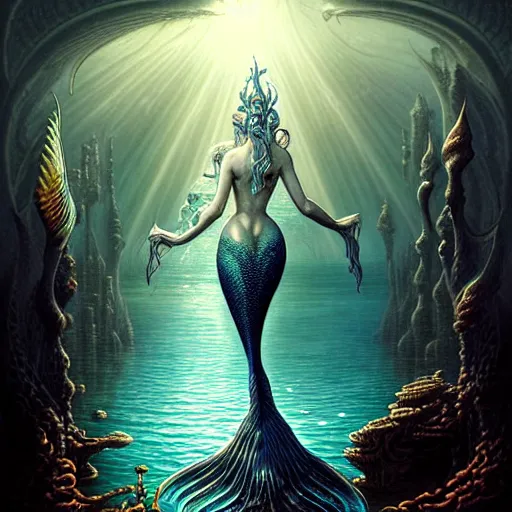 Image similar to character portrait of a graceful beautiful mermaid looking at the sunken city of Atlantis deep under water, stunning undersea intricate detailed grand architecture in the style of Joe Fenton, art style by Greg Rutkowski and Mohrbacher and Gerald Brom and H. R. Giger, deep underwater scene, dark and moody, rays of sunlight, faint volumetric god rays, grim crushing atmosphere, trending on artstation, masterpiece, claustrophobic, dizzy, sharp focus, 8k octane beautifully detailed render, post-processing, extremely hyperdetailed, intricate, epic composition, grim yet sparkling atmosphere, cinematic lighting + masterpiece, trending on artstation, very detailed, Art Nouveau