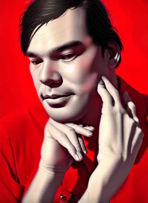 Prompt: portrait of tom jobim with bangs, 1 9 6 0 s, long hair, red clothes, bangs, intricate, elegant, glowing lights, highly detailed, digital painting, artstation, concept art, smooth, sharp focus, illustration, art by wlop, mars ravelo and greg rutkowski