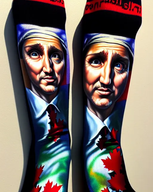 Image similar to detailed portrait of justin trudeau patterned socks!!! by tomasz alen kopera and peter mohrbacher and johanna martine! and margaret keane! coherent luminescent