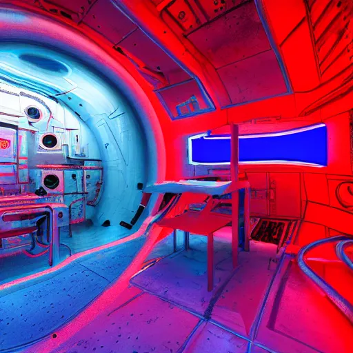 Prompt: interior of alien laboratory with strange device at the center of a room, eerie blue and red colors, photo, 4 k