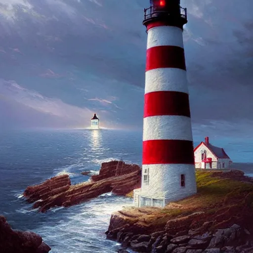 Prompt: an idyllic Maine lighthouse being consumed by an eldritch horror, by Greg Rutkowski and Thomas Kinkade.