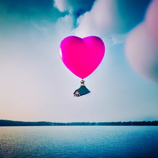 Image similar to a 5 0 mm lens photograph of a cute pink floating modern house, floating in the air between clouds, inspired by the movie up, held up from above by a heart - shaped ballon. mist, playful composition canon, nikon, award winning, photo of the year