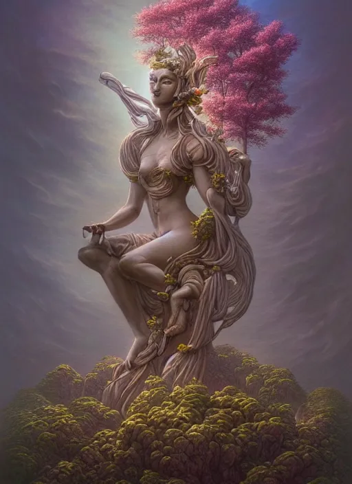 Image similar to statue of a long forgotten deity with flowers sprouting out of it, serene, in the style of tomasz alen kopera and fenghua zhong and peter mohrbacher, mystical colors, rim light, beautiful lighting, 8 k, stunning scene, raytracing, octane, trending on artstation