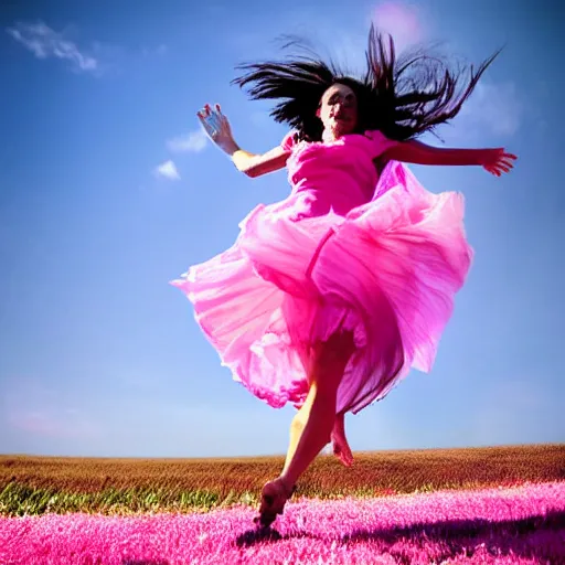 Prompt: a woman in pink frills running around in a field, photograph, photorealistic, award winning photo