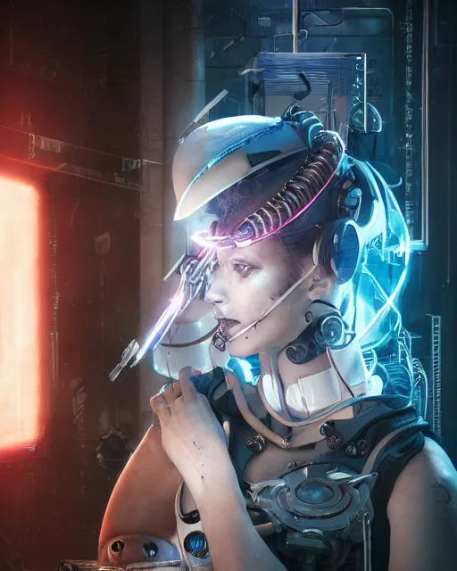 Prompt: a cyberpunk sailor moon with arm tattoos, cybernetic enhancements doing research, detailed mask, scifi character portrait by greg rutkowski, esuthio, craig mullins, cinematic lighting, dystopian scifi gear, gloomy, profile picture, mechanical, half robot, implants, steampunk
