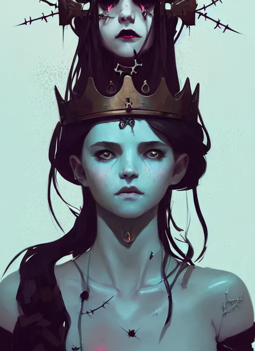 Prompt: portrait of cute goth maiden girl with crown of thorns, warhammer, cyberpunk, by atey ghailan, by greg rutkowski, by greg tocchini, by james gilleard, by joe fenton, by kaethe butcher, dynamic lighting, gradient light blue, brown, blonde cream and white color in scheme, grunge aesthetic