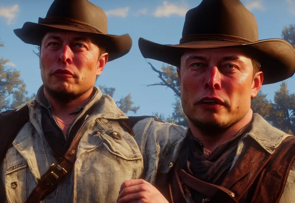 Image similar to elon musk in the red dead redemption 2, elon musk in the video game red dead redemption 2, gameplay screenshot, close up, 3 d rendering. unreal engine. amazing likeness. very detailed.