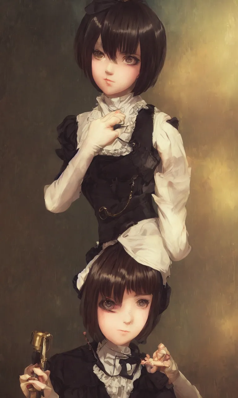 Image similar to a portrait of a cute young Victorian maid with black bob cut hair, steampunk setting, vivid colors, soft lighting, atmospheric, cinematic, moody, in the style of Ilya Kuvshinov and Range Murata, Krenz Cushart, oil on canvas, 8k