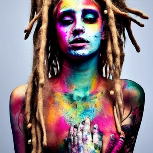 Image similar to astonishingly beautiful woman in tattered clothes revealing body, blonde dreadlocks, make up, vivid colors