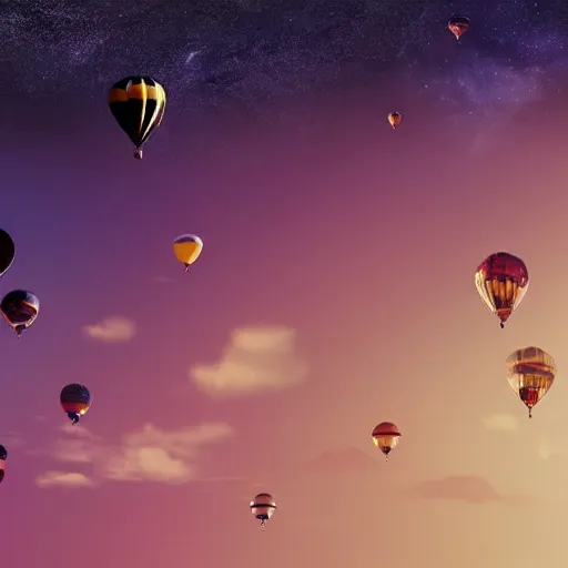 Image similar to people flying balloons into an black hole in the sky, with clear skies and good weather, realistic, cinematic