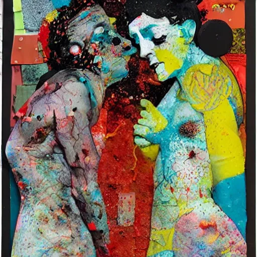 Image similar to two women kissing at a carnival on an alien planet, mixed media collage, retro, paper collage, magazine collage, acrylic paint splatters, bauhaus, abstract claymation, layered paper art, sapphic visual poetry expressing the utmost of desires by jackson pollock