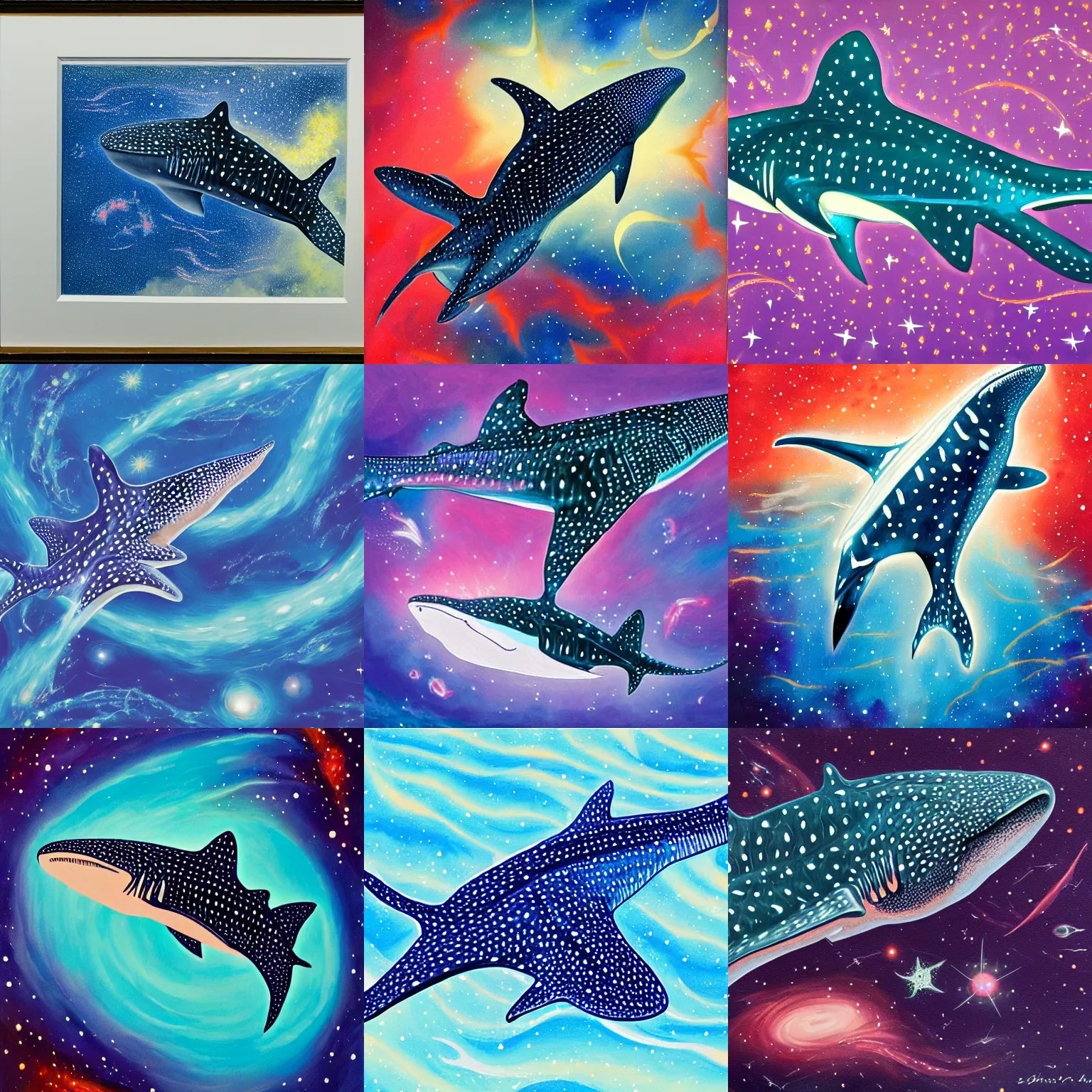 Prompt: gouache painting of a whale shark flying through a swirling, luminous nebula, elegant, ultra detailed