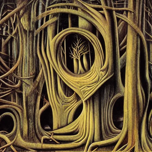 Prompt: a tree falls in a forest and no one is around to hear it, digital painting masterpiece, by h r giger and hannah hoch and ed roth and denys cowan