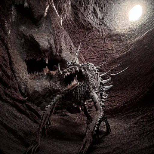 Image similar to tall bipedal creature in the darkness, claws, large long pointy teeth, drooling, shadowy cavern, highly intricate, detailed, 8 k, octane render