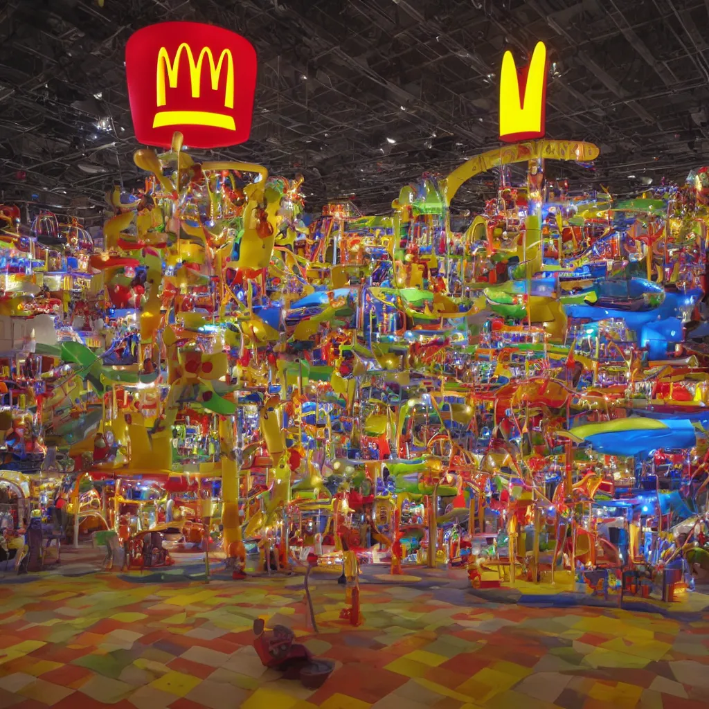 Image similar to a giant mcdonald's play place at night with the lights off after hours