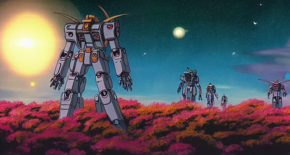 Prompt: a beautiful cinematic view of a walking humanoid mecha on a tropical island paradise, underneath a star filled night sky, warm coloured, gigantic pillars and flowers, maschinen krieger, moebius, star trek, gundam, film, atmospheric perspective