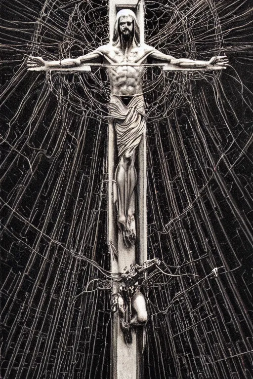 Image similar to full body shot of a cybernetic jesus on the cross, wires everywhere, cyberpunk art by beksinski and szukalski and giger and seb mckinnon and dan mumford and wlop and josan gonzalez, digital art, highly detailed, intricate, sharp focus, trending on artstation hq, deviantart, pinterest, unreal engine 5, 4 k uhd image