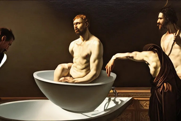 Image similar to hyperrealism aesthetic ridley scott and caravaggio style photography of detailed giant siting on a detailed ultra huge toilet bowl in surreal scene from detailed art house movie in style of denis villeneuve and wes anderson