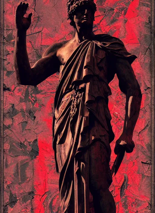 Image similar to design poster showing a statue of julius caesar, black background with very subtle red and purple design elements, powerful, nekro, guido crepax, graphic design, collage art, thin lines, dark, glitch art, neo vaporwave, gritty, layout frame, square, trending on artstation