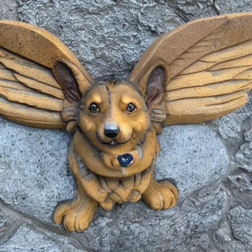 Prompt: corgi gargoyle with butterfly wings made of stone, uncropped, photography