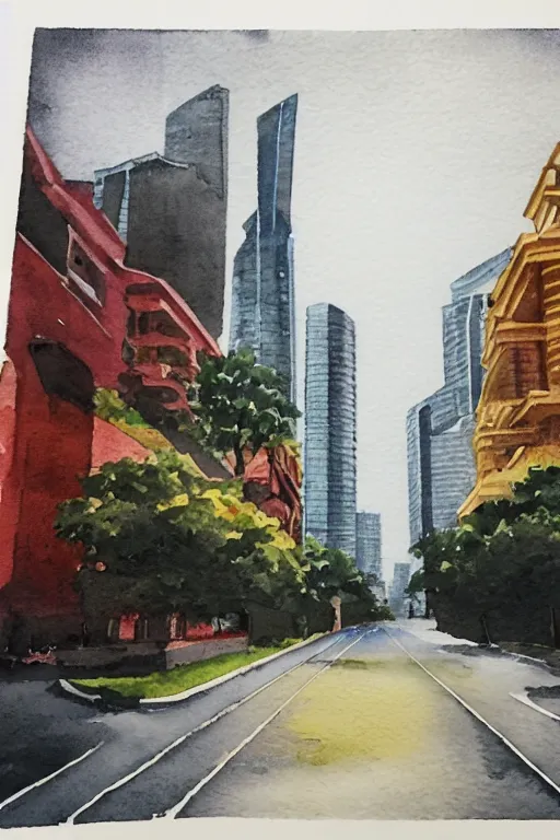 Prompt: a watercolor depicting an empty singapore city, gloomy weather, high contrast, smooth, by joseph zbikowicz, 8 k