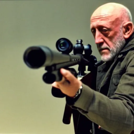 Image similar to Film still of Mike Ehrmantraut aiming a !!!sniper rifle!!!, 4k, !!highly detailed!!