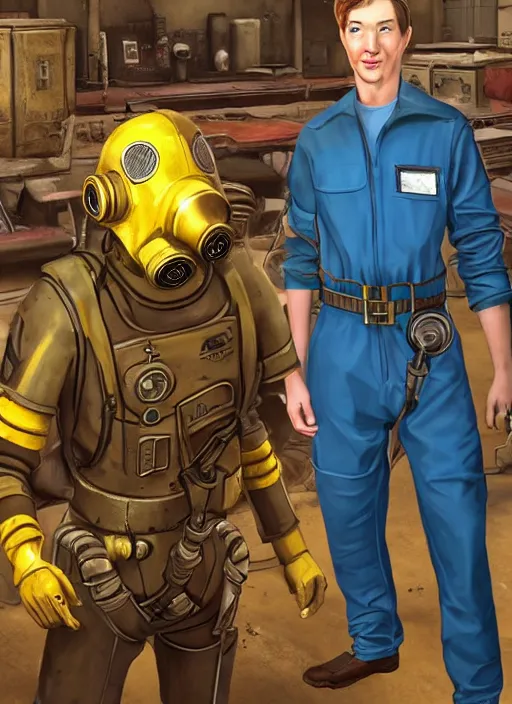 Prompt: youtuber tom scott as a vault dweller in fallout, wearing a blue vault dweller jumpsuit, beautiful high quality realistic game concept art, trending on artstation by ilya nazarov