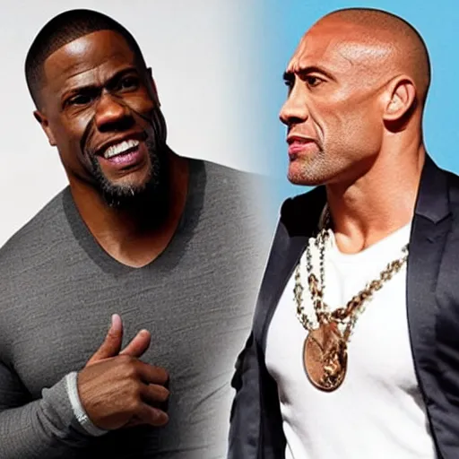 Prompt: kevin hart and the rock in a reboot of bosom buddies, photorealistic,