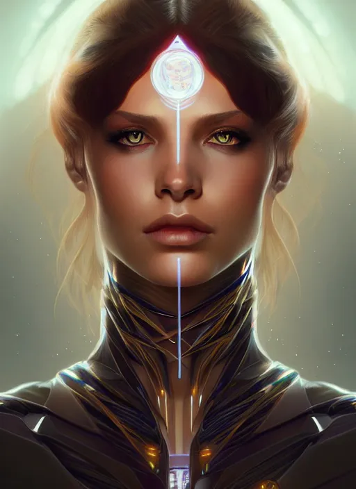 Image similar to futuristic woman portrait, sci-fi, amber eyes, face, long hair, fantasy, intricate, elegant, highly detailed, digital painting, artstation, concept art, smooth, sharp focus, illustration, art by artgerm and greg rutkowski and alphonse mucha