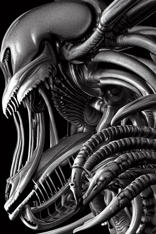 Prompt: detailed intricate biomechanical xenomorphic artifact on display, black and burnished silver, cinematic render, dynamic lighting